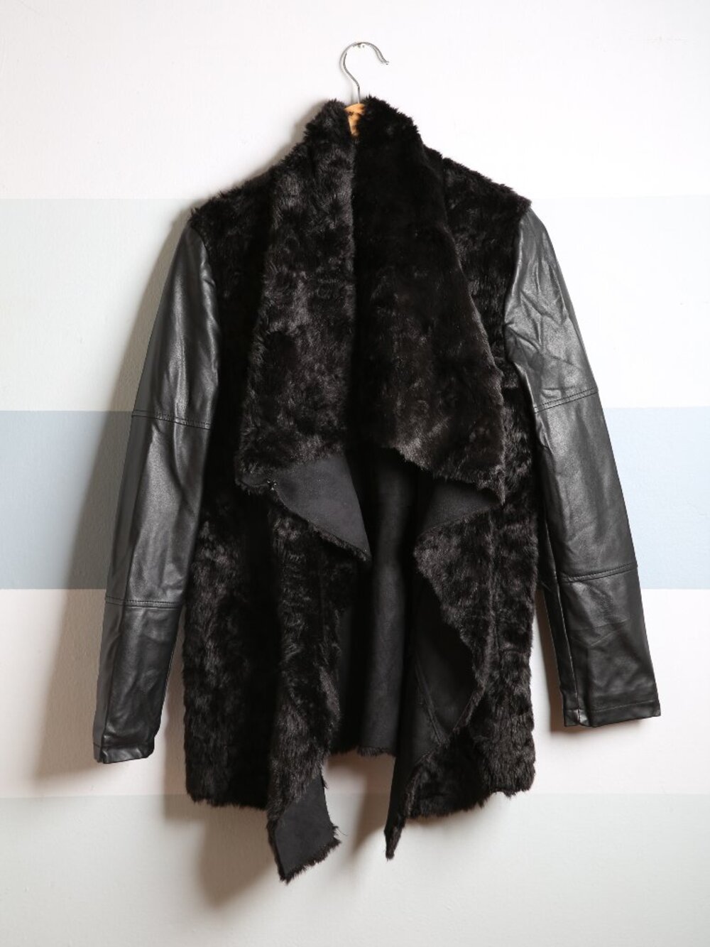 AQUA Faux Fur Black Waterfall Jacket | Size Small